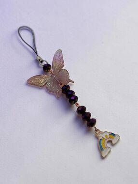 Iridescent Butterfly Bead Phone Charm – Rainbow Dangle Handmade